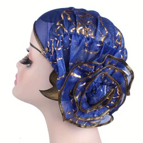 Blue Elegant Hot Stamping Flower Pre-Tied Head Scarf Stylish Turban C… - Picture 1 of 2